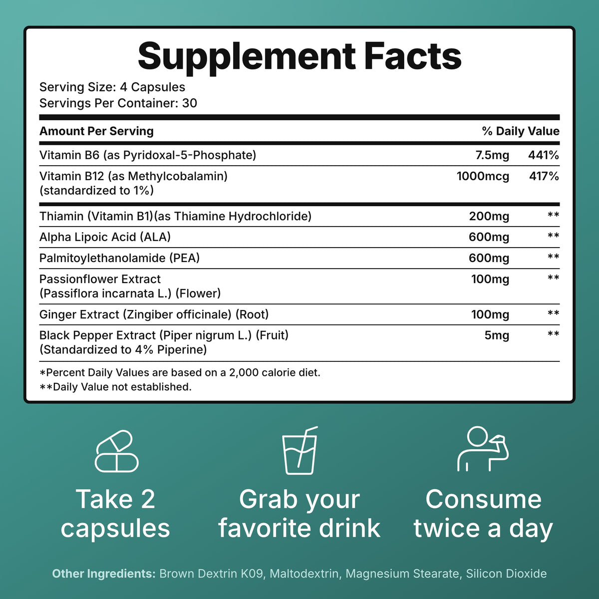 Brida Nerve Breakthrough supplement facts and how to take it: 2 capsules, twice a day