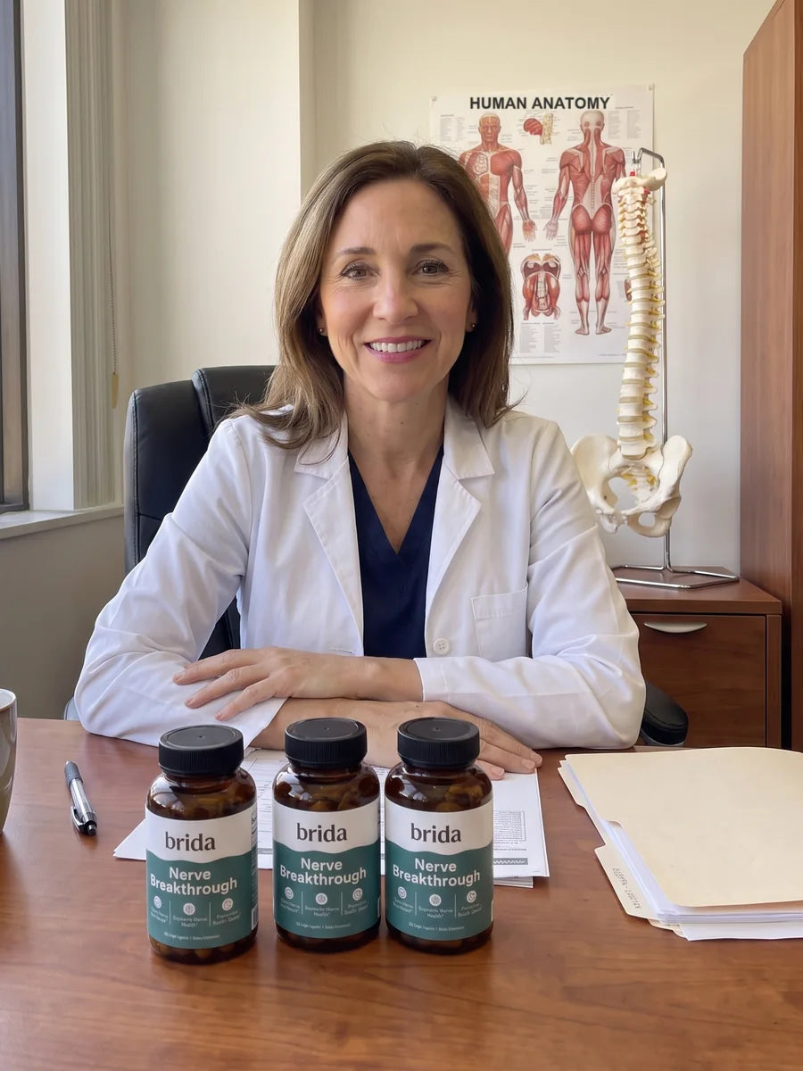Doctor at her desk with three bottles of Brida Nerve Breakthrough