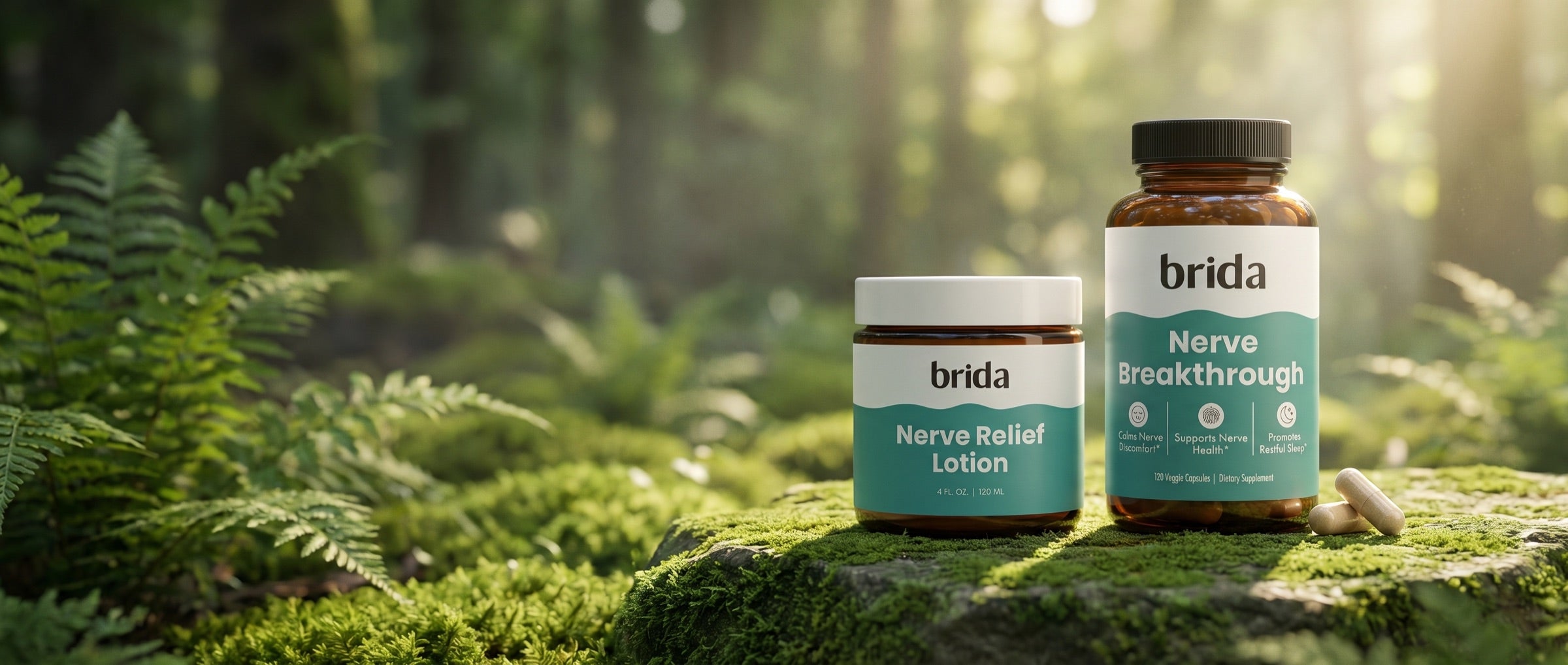 Brida Nerve Relief Lotion and Brida Nerve Breakthrough on a mossy rock in the forest
