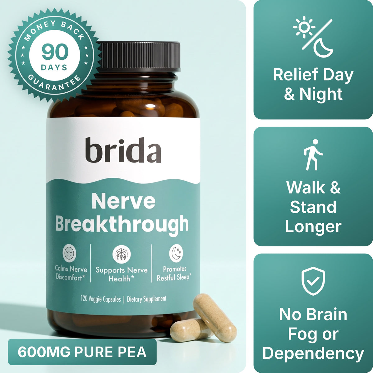 Brida Nerve Breakthrough bottle with 90-day money-back guarantee badge and key benefits