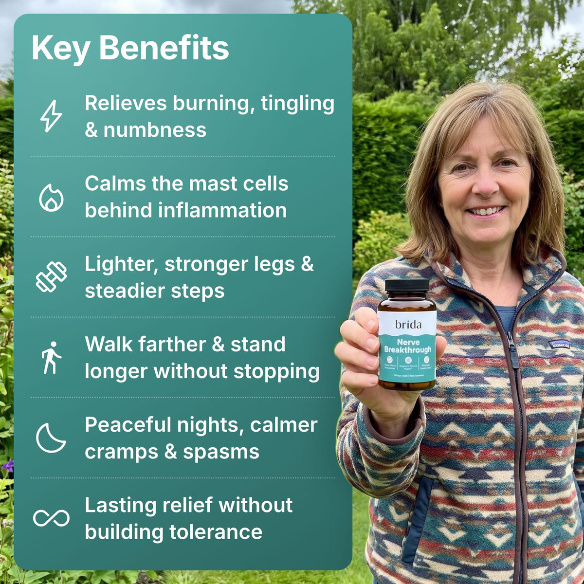 Key benefits of Brida Nerve Breakthrough next to a woman holding the bottle