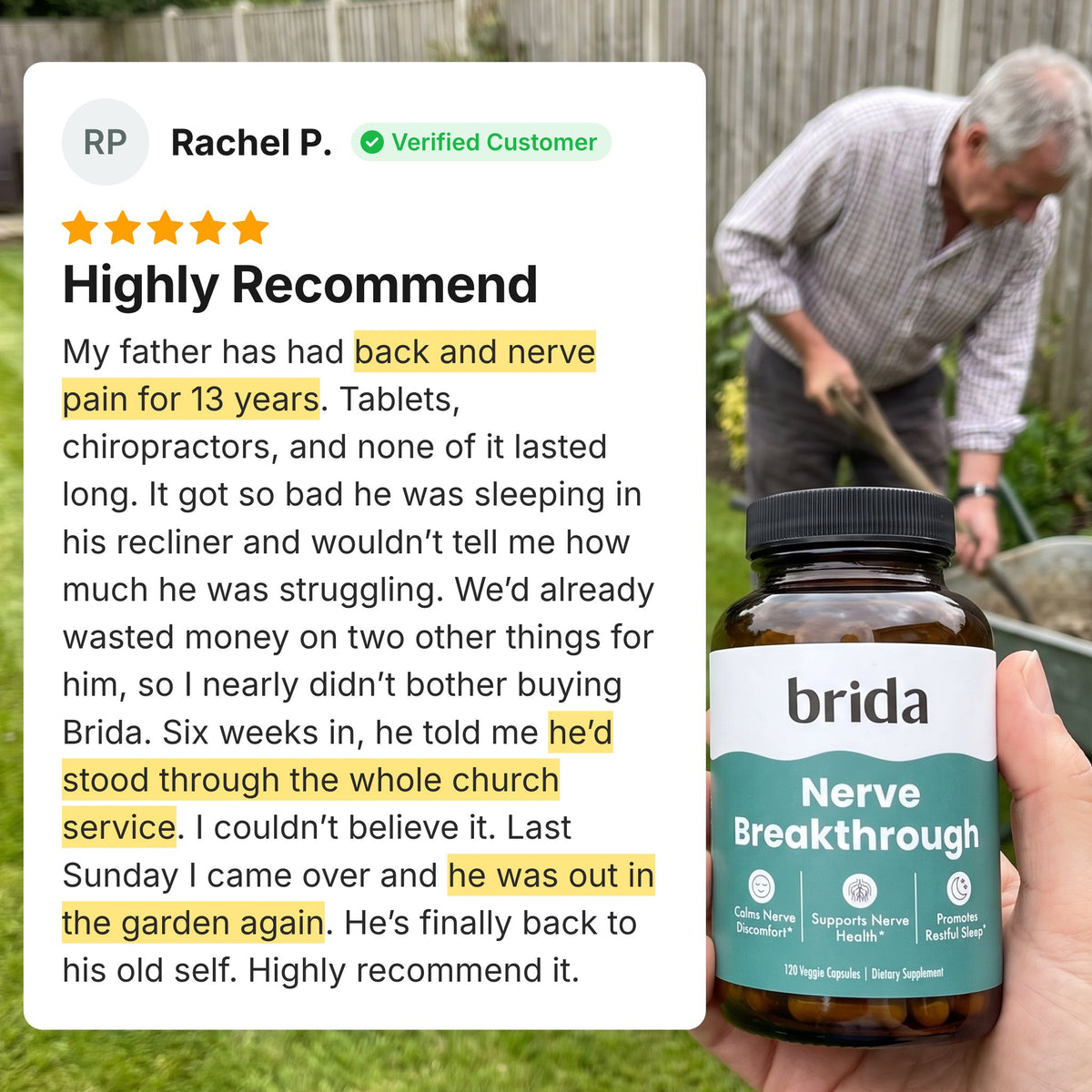 Customer review: Highly recommend, with a photo of her father gardening again