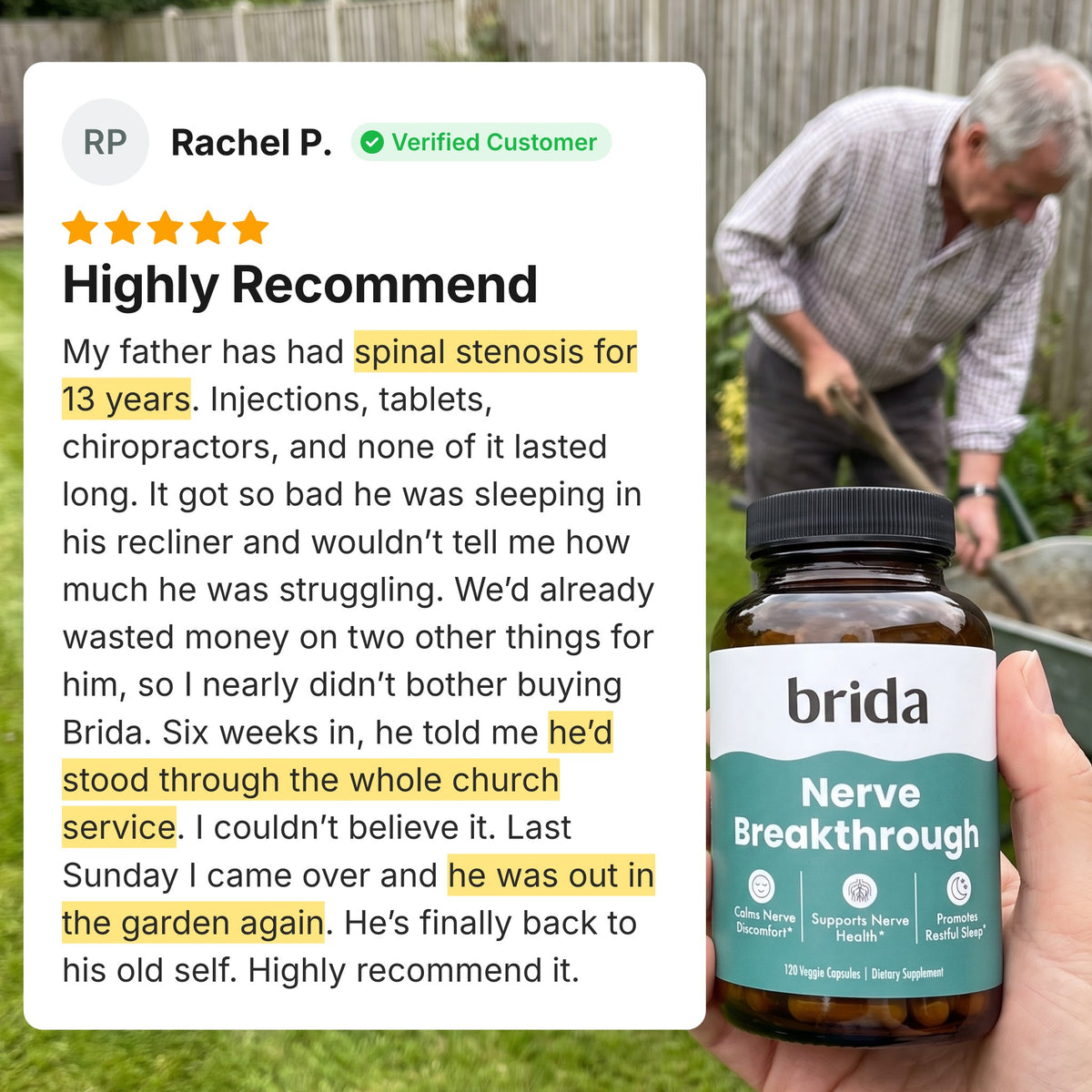 Customer review: Highly recommend, with a photo of her father gardening again