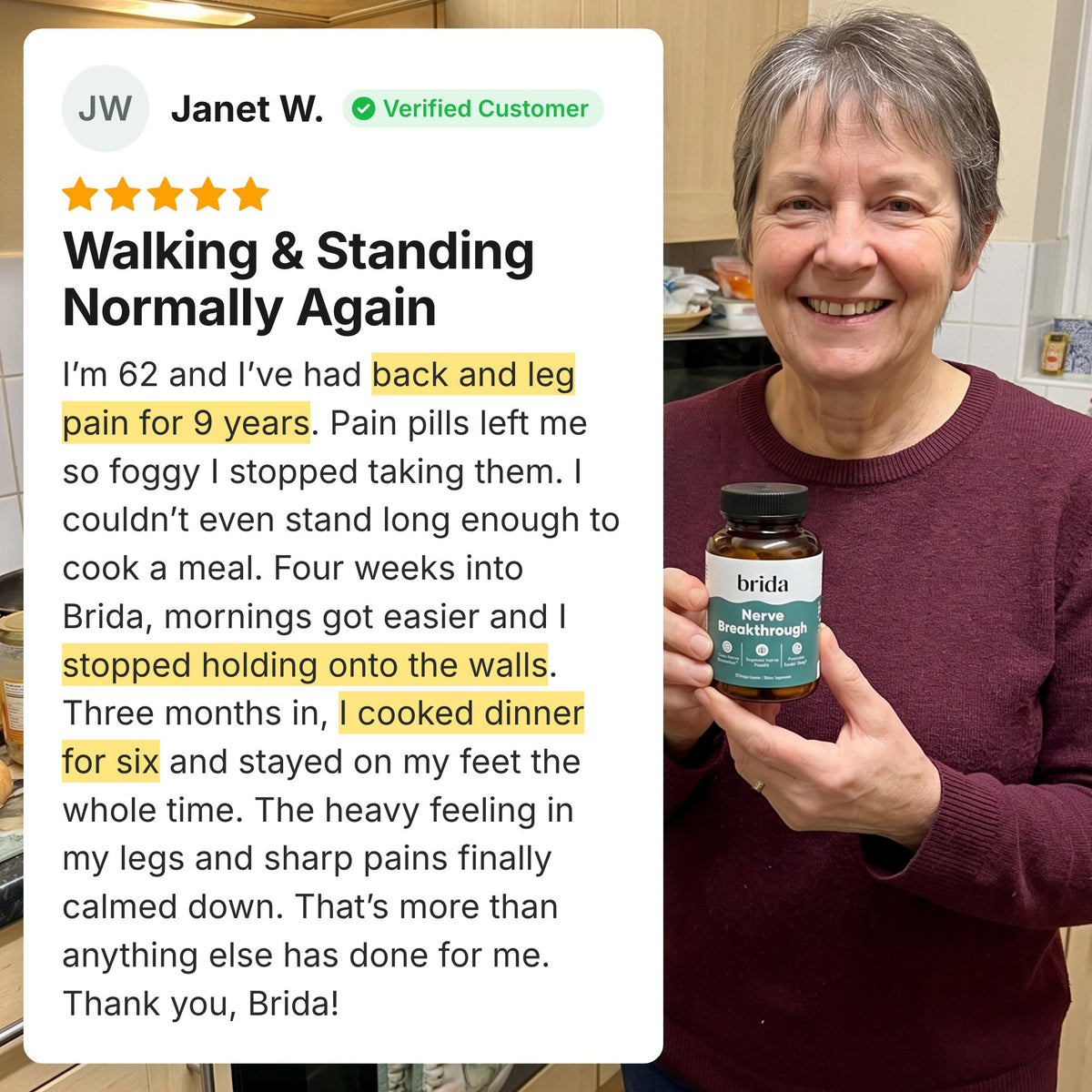 Customer review: Walking and standing normally again, with a woman in her kitchen holding Brida