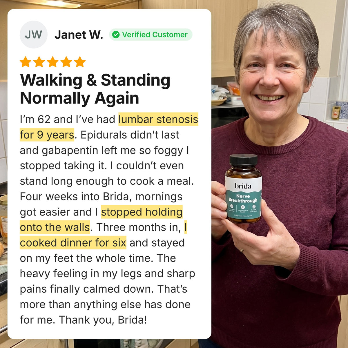 Customer review: Walking and standing normally again, with a woman in her kitchen holding Brida