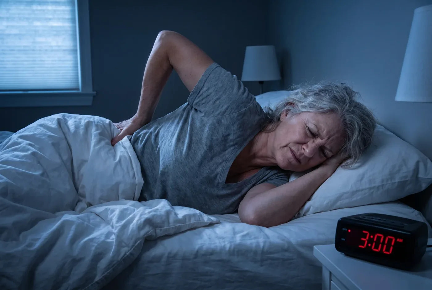 Woman awake in bed at 3 AM with back pain