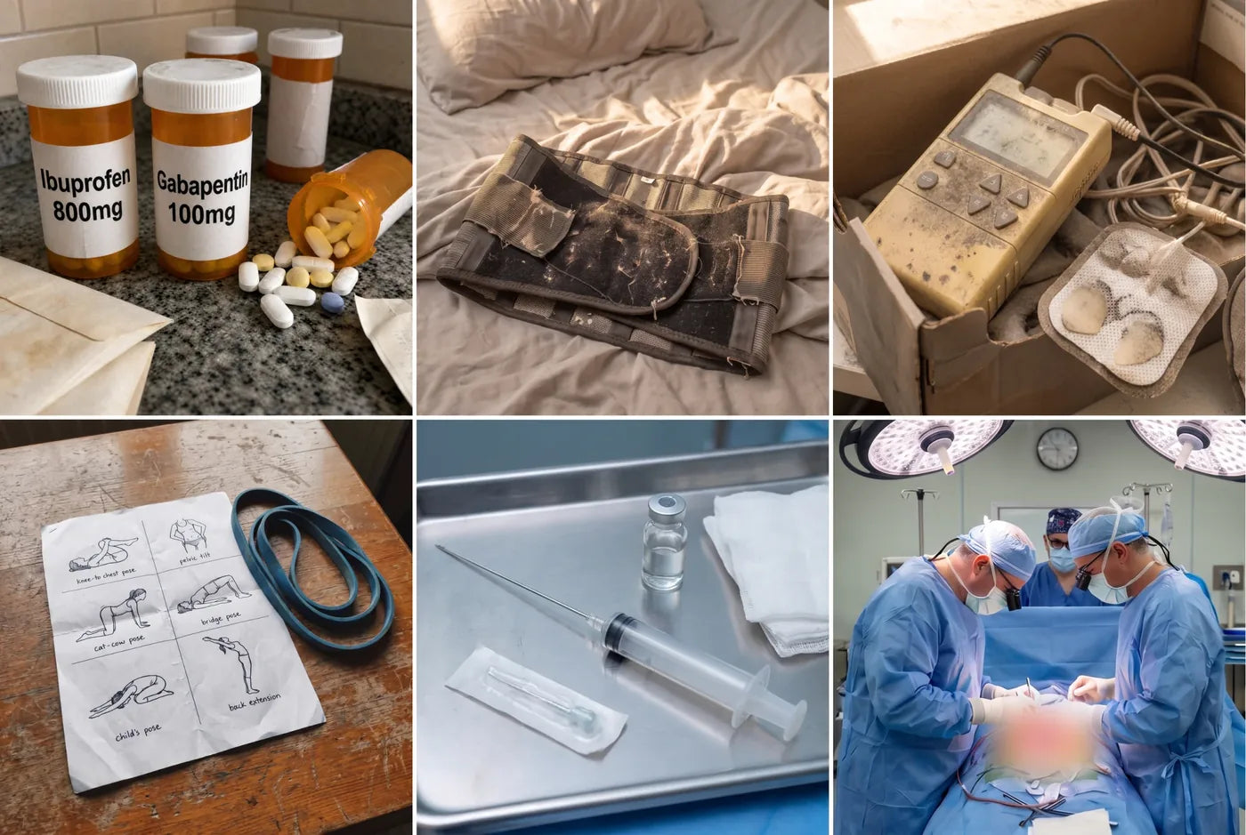 Pill bottles, an injection and a TENS unit