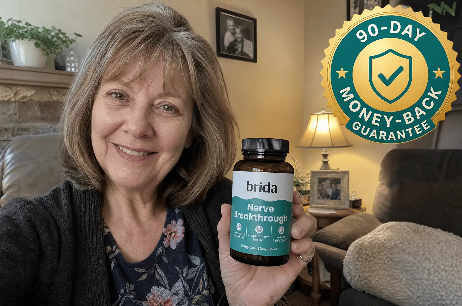 Woman holding her bottle of Brida Nerve Breakthrough next to a 90-Day Money-Back Guarantee badge
