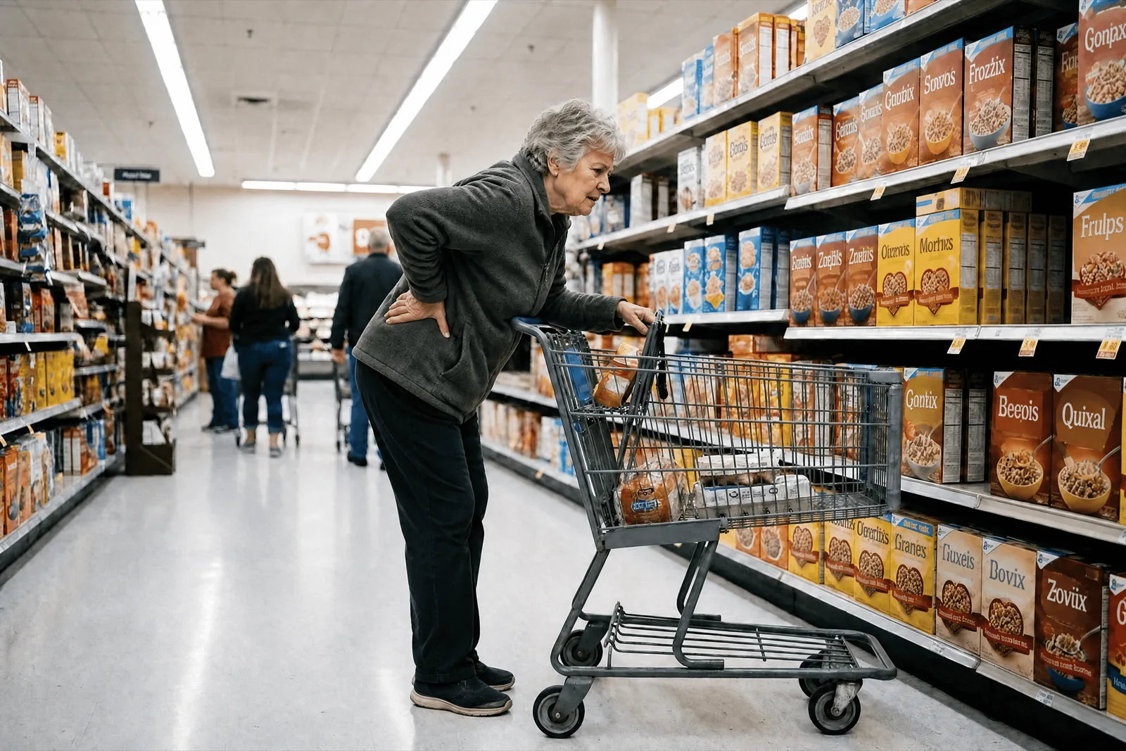 Older woman leaning over her shopping cart in the cereal aisle, hand on her lower back