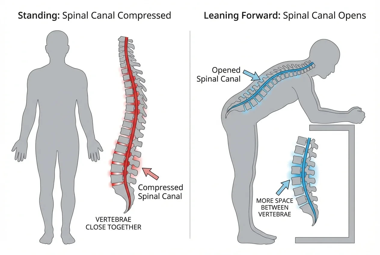 Standing: spinal canal compressed. Leaning forward: spinal canal opens.