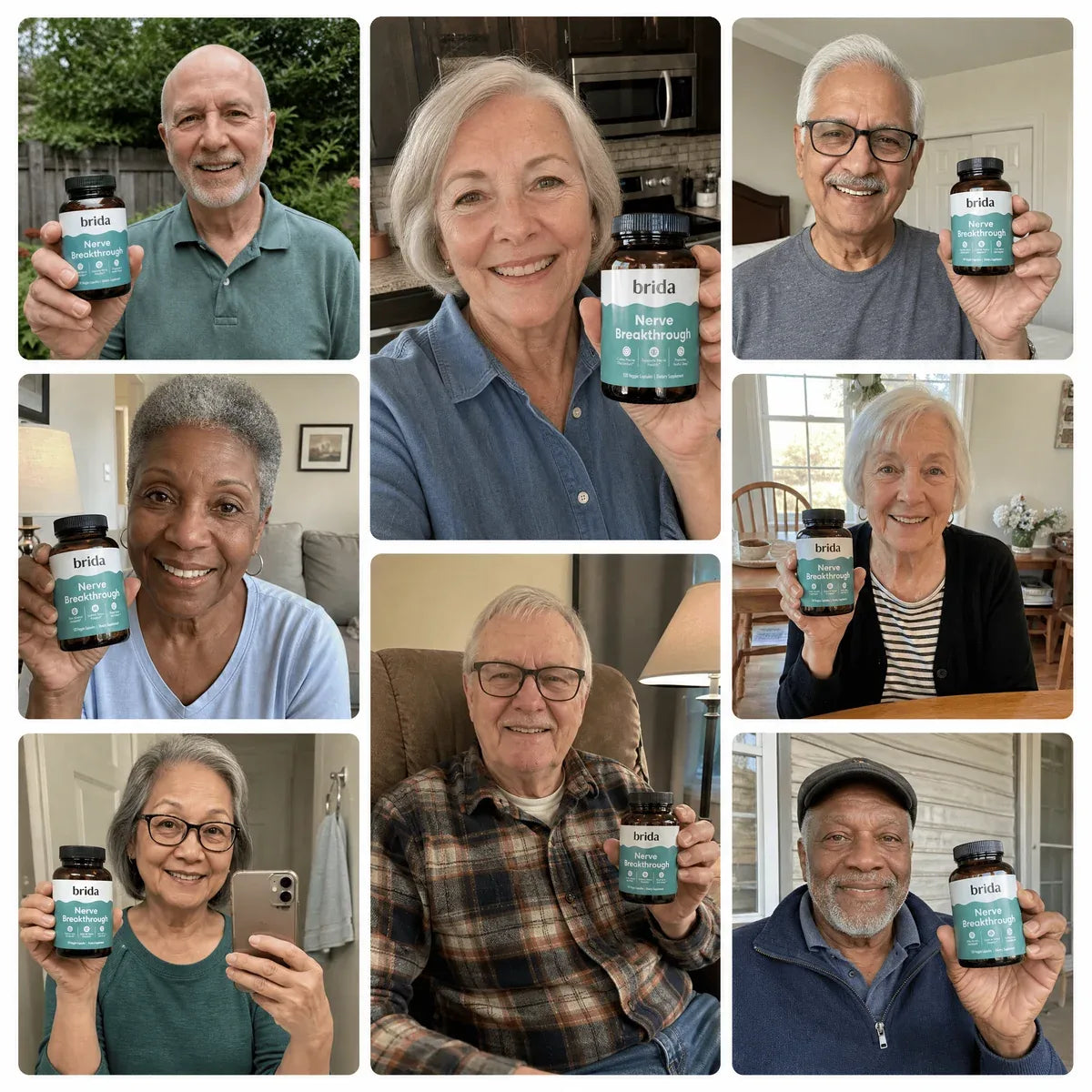 Brida customers aged 60+ holding their Nerve Breakthrough bottle