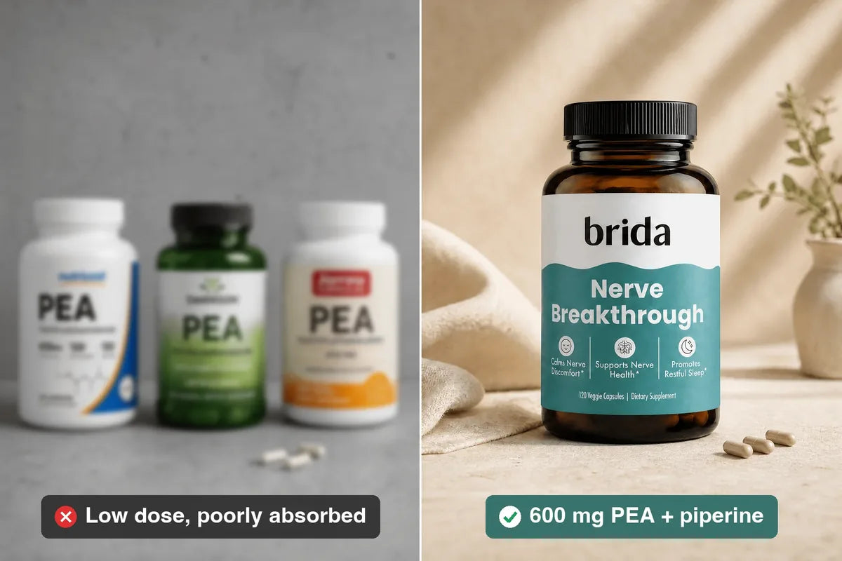 Generic low-dose PEA jars next to Brida Nerve Breakthrough with 600 mg PEA and piperine