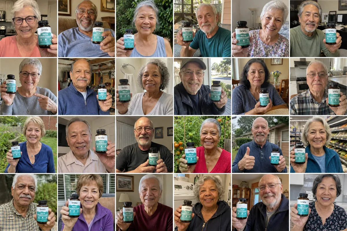 24 Brida customers aged 60+ holding their Nerve Breakthrough bottle
